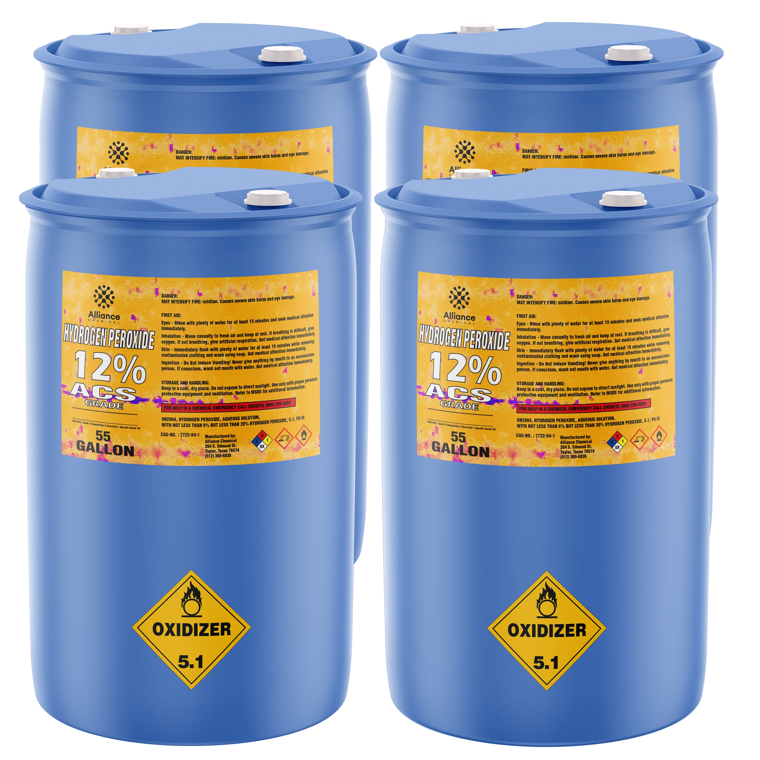 55-gallon blue drums of Alliance 12% ACS-grade Hydrogen Peroxide, labeled with yellow Oxidizer 5.1 hazard diamond, white screw caps, 4-drum set.